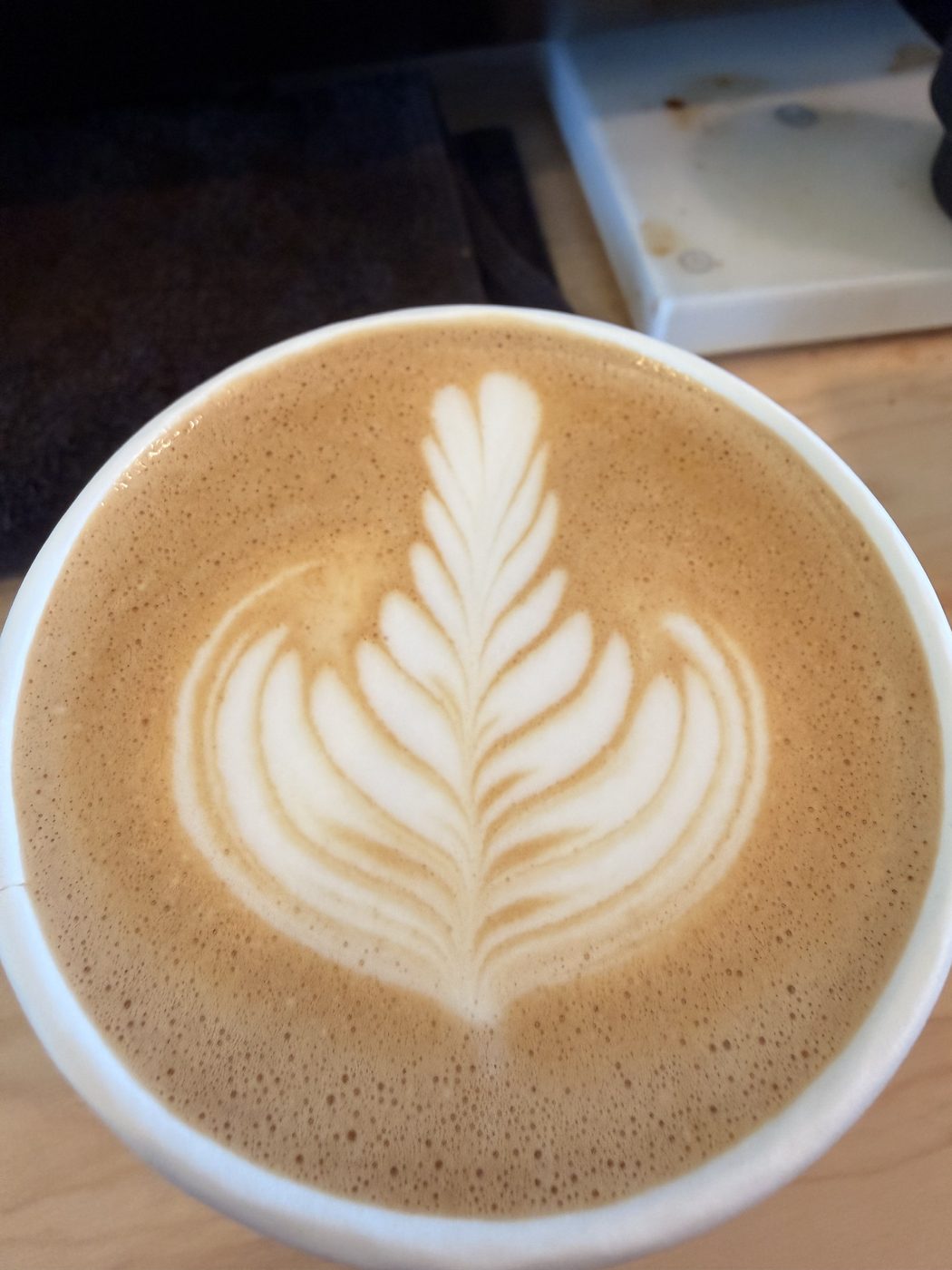 Latte art from above, a rosetta in the foam